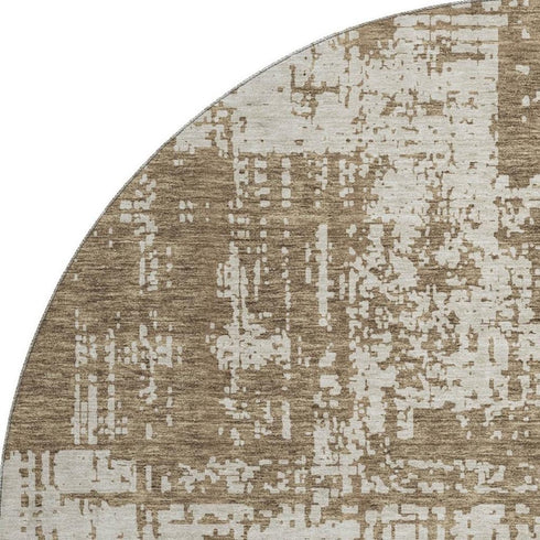 8' Brown And Beige Abstract Washable Round Rug With UV Protection
