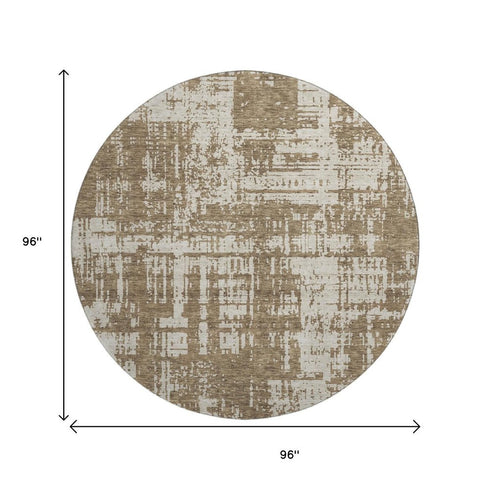 8' Brown And Beige Abstract Washable Round Rug With UV Protection