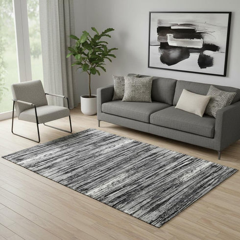 5' X 8' Black And Ivory Striped Washable Area Rug With UV Protection