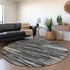 8' Black And Ivory Striped Washable Round Rug With UV Protection