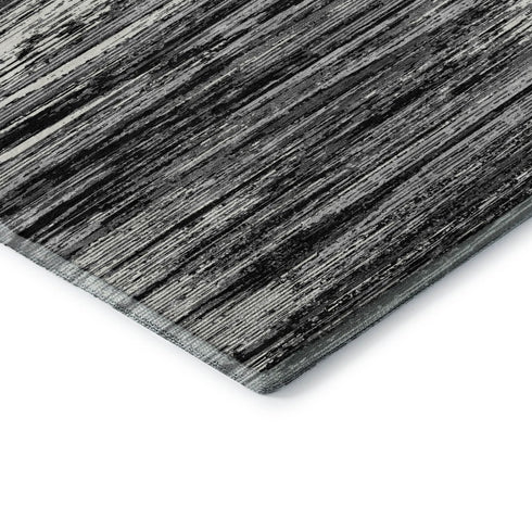 8' Black And Ivory Striped Washable Round Rug With UV Protection