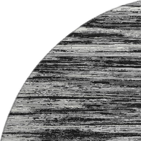 8' Black And Ivory Striped Washable Round Rug With UV Protection