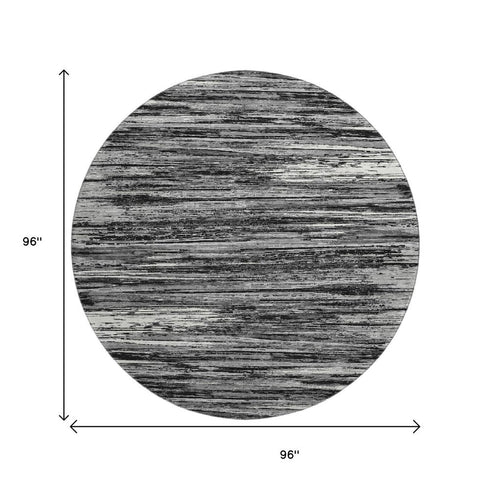 8' Black And Ivory Striped Washable Round Rug With UV Protection