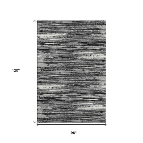 8' X 10' Black And Ivory Striped Washable Area Rug With UV Protection