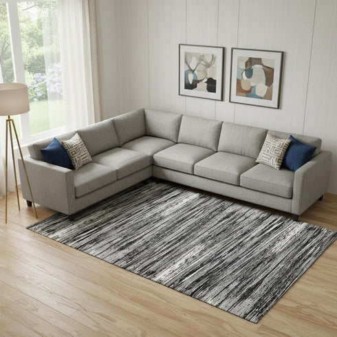 8' X 10' Black And Ivory Striped Washable Area Rug With UV Protection