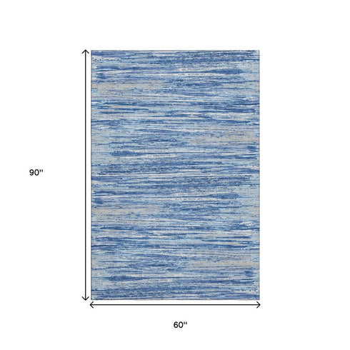 5' X 8' Blue Ivory And Gray Striped Washable Area Rug With UV Protection