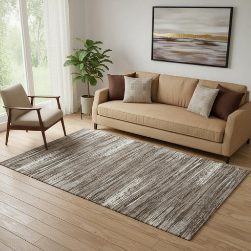 5' X 8' Brown And Beige Striped Washable Area Rug With UV Protection