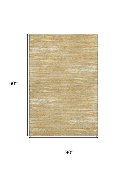 5' X 8' Gold Beige And Ivory Striped Washable Area Rug With UV Protection