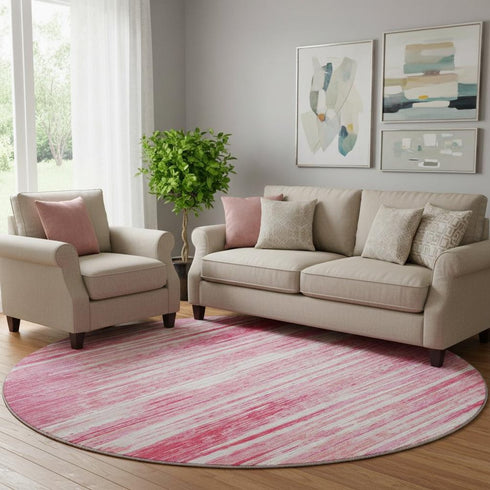 8' Pink And Ivory Striped Washable Round Rug With UV Protection