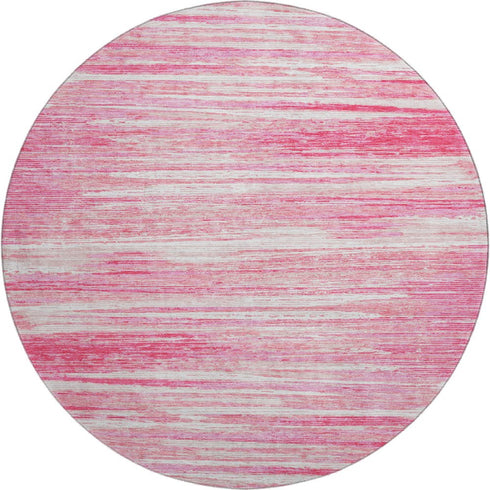 8' Pink And Ivory Striped Washable Round Rug With UV Protection
