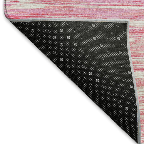 8' Pink And Ivory Striped Washable Round Rug With UV Protection