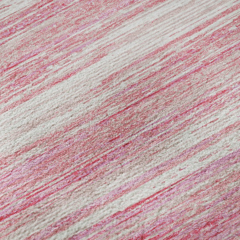 8' Pink And Ivory Striped Washable Round Rug With UV Protection