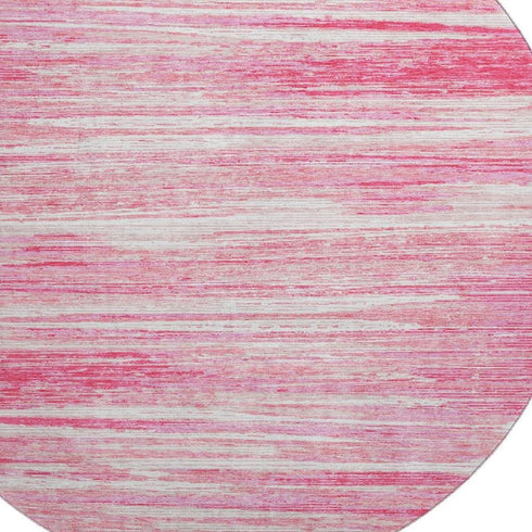 8' Pink And Ivory Striped Washable Round Rug With UV Protection