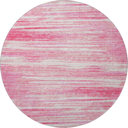 8' Pink And Ivory Striped Washable Round Rug With UV Protection