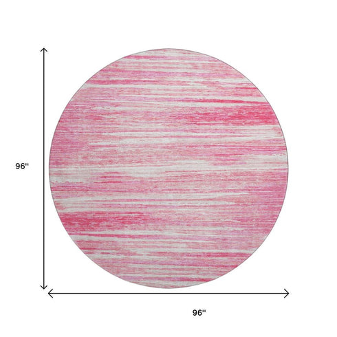 8' Pink And Ivory Striped Washable Round Rug With UV Protection