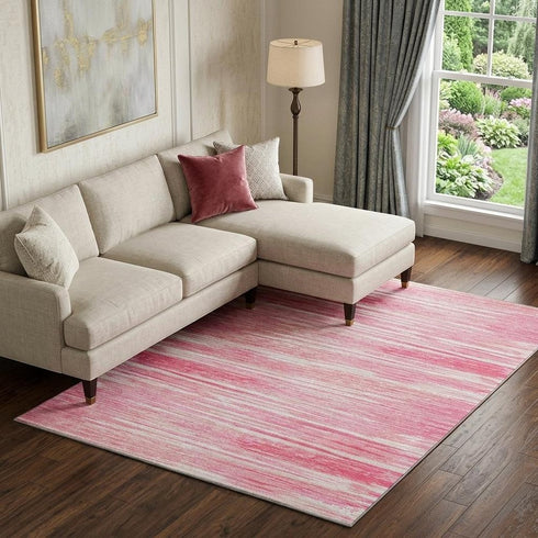 9' X 12' Pink And Ivory Striped Washable Area Rug With UV Protection