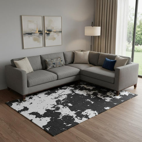 8' X 10' Black And White Abstract Washable Area Rug With UV Protection