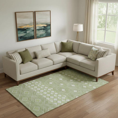 8' X 10' Artichoke Green And Ivory Geometric Washable Area Rug With UV Protection