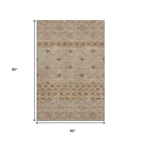 5' X 8' Brown And Beige Geometric Washable Area Rug With UV Protection