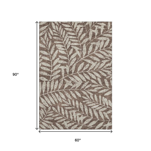 5' X 8' Brown And Beige Floral Washable Area Rug With UV Protection