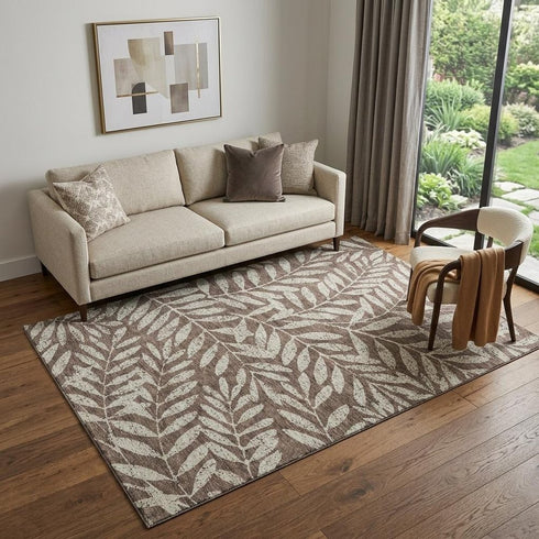 5' X 8' Brown And Beige Floral Washable Area Rug With UV Protection