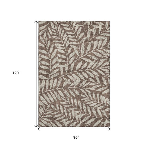 8' X 10' Brown And Beige Floral Washable Area Rug With UV Protection