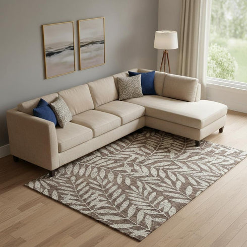 8' X 10' Brown And Beige Floral Washable Area Rug With UV Protection