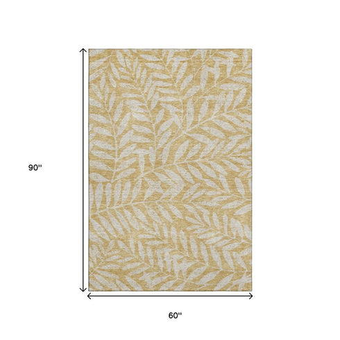 5' X 8' Gold And Ivory Floral Washable Area Rug With UV Protection