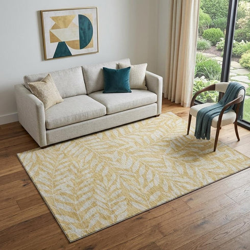 5' X 8' Gold And Ivory Floral Washable Area Rug With UV Protection