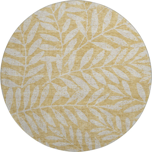 8' Gold And Ivory Floral Washable Round Rug With UV Protection