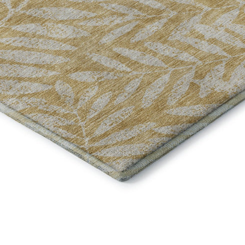 8' Gold And Ivory Floral Washable Round Rug With UV Protection