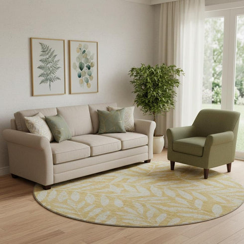 8' Gold And Ivory Floral Washable Round Rug With UV Protection