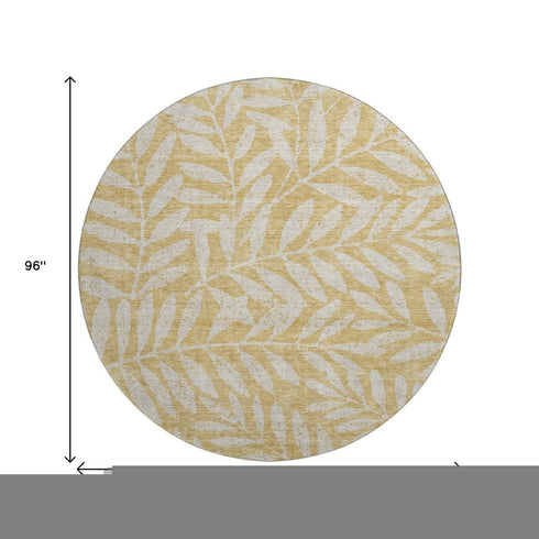 8' Gold And Ivory Floral Washable Round Rug With UV Protection