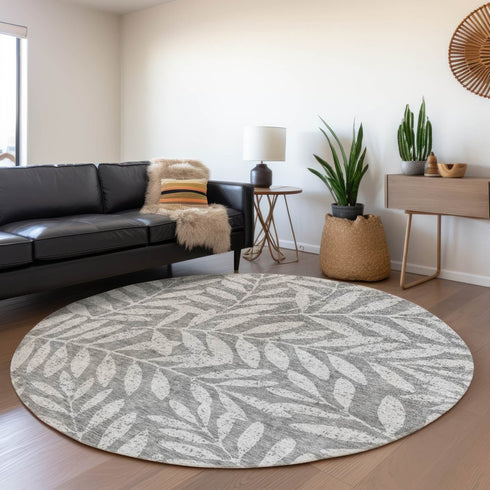 8' Gray And Silver Floral Washable Round Rug With UV Protection