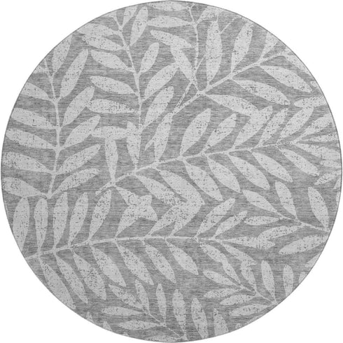 8' Gray And Silver Floral Washable Round Rug With UV Protection