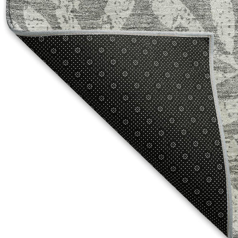 8' Gray And Silver Floral Washable Round Rug With UV Protection