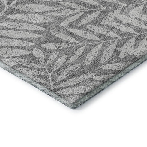 8' Gray And Silver Floral Washable Round Rug With UV Protection