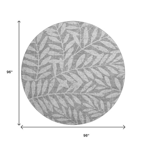 8' Gray And Silver Floral Washable Round Rug With UV Protection