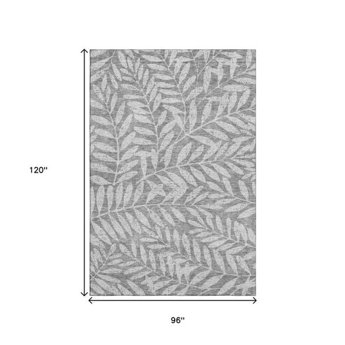 8' X 10' Gray And Silver Floral Washable Area Rug With UV Protection