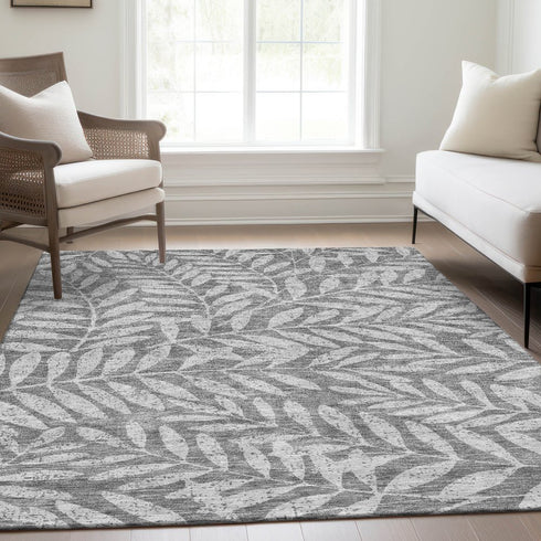 8' X 10' Gray And Silver Floral Washable Area Rug With UV Protection