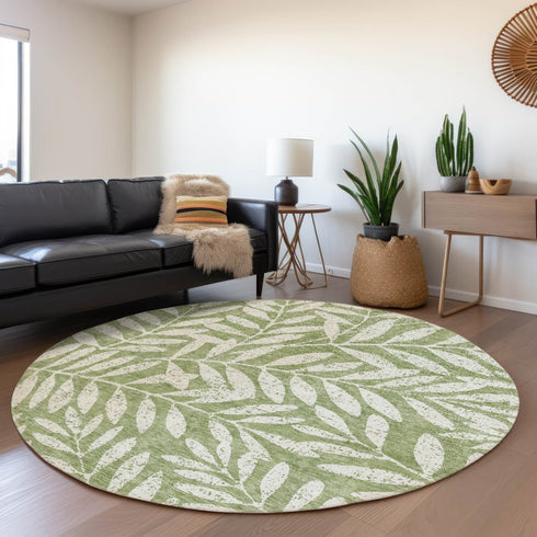 8' Green And Beige Floral Washable Round Rug With UV Protection