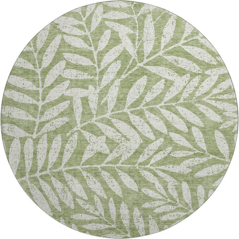 8' Green And Beige Floral Washable Round Rug With UV Protection