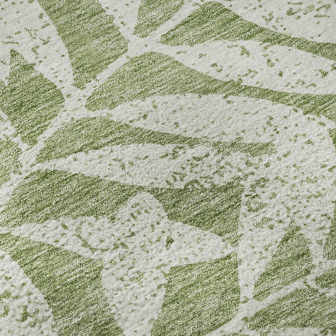 8' Green And Beige Floral Washable Round Rug With UV Protection