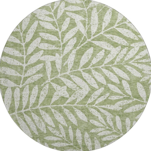8' Green And Beige Floral Washable Round Rug With UV Protection