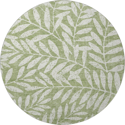8' Green And Beige Floral Washable Round Rug With UV Protection