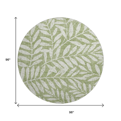 8' Green And Beige Floral Washable Round Rug With UV Protection