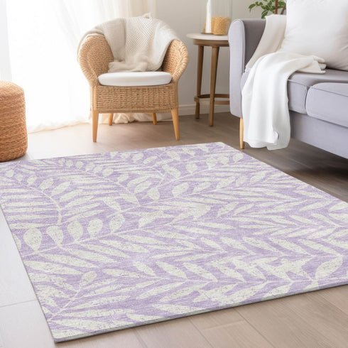 9' X 12' Lavender And Ivory Floral Washable Area Rug With UV Protection