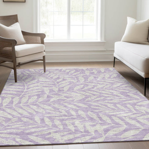 9' X 12' Lavender And Ivory Floral Washable Area Rug With UV Protection