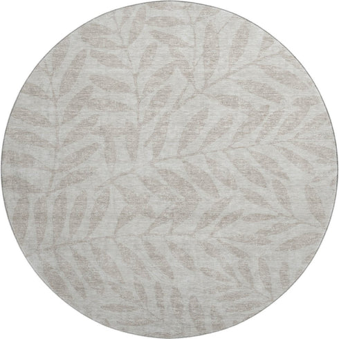 8' Taupe And Beige Floral Washable Round Rug With UV Protection