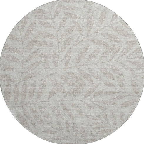 8' Taupe And Beige Floral Washable Round Rug With UV Protection